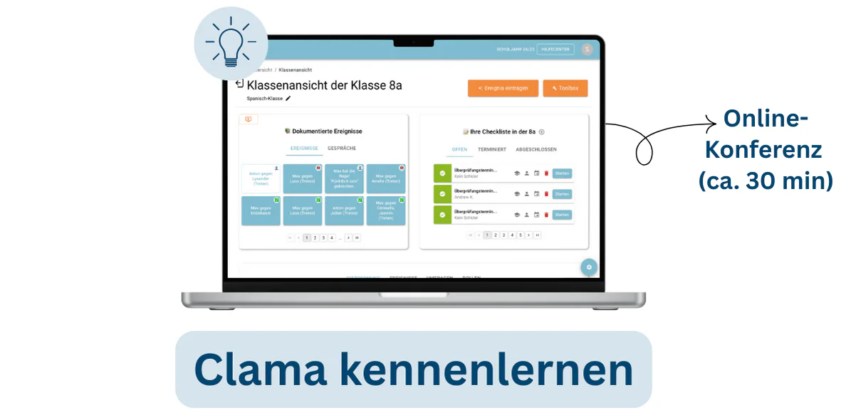 👥 Clama soll in ca. 30 Minuten der Schulleitung oder Steuergruppe vorgestellt werden (kostenfrei).